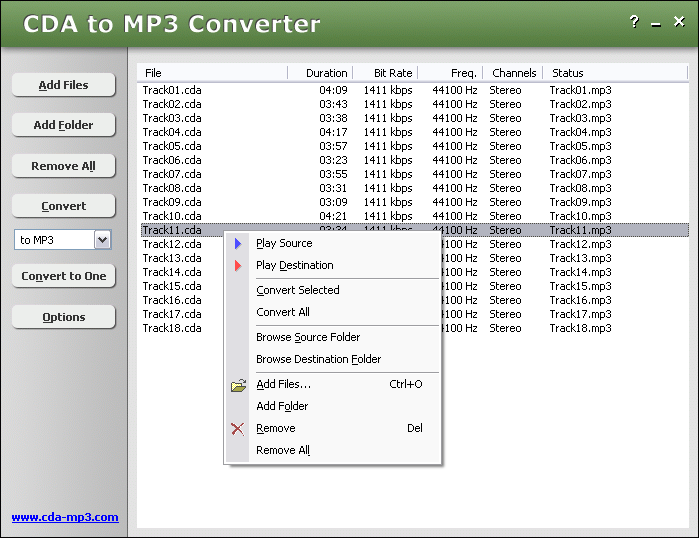 Convert CDA to MP3, WAV, WMA, OGG, AAC, M4A and support 90 file formats.