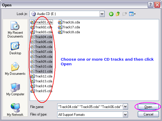 Choose one or more CDA files on DTS Audio CD